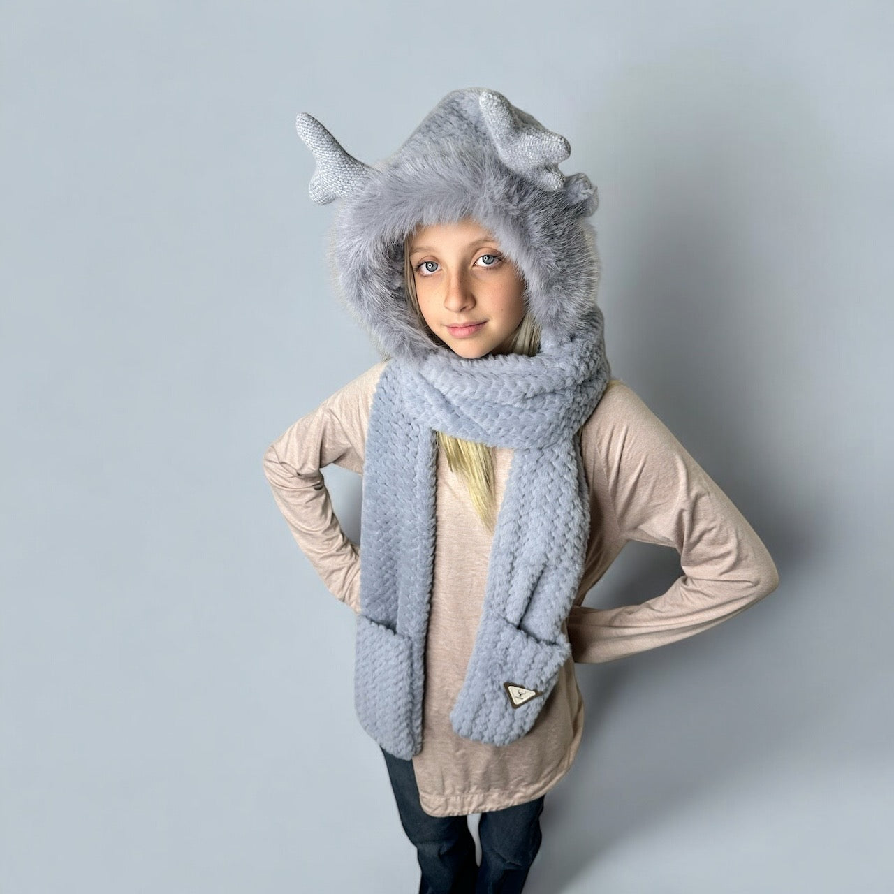 Plush Hooded Scarf- Deer GREY
